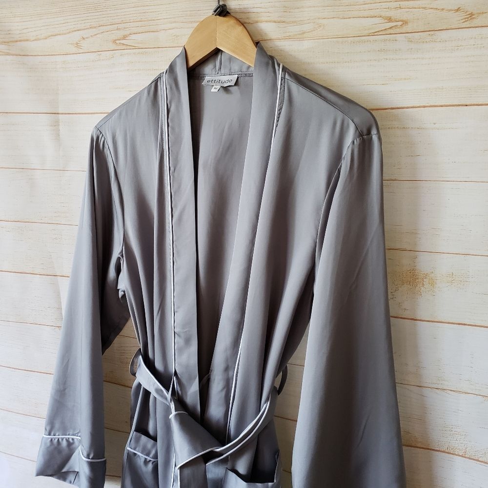 Ettitude Sateen Plus Bamboo Women's Robe Fog Gray White Size Medium - Picture 7 of 13